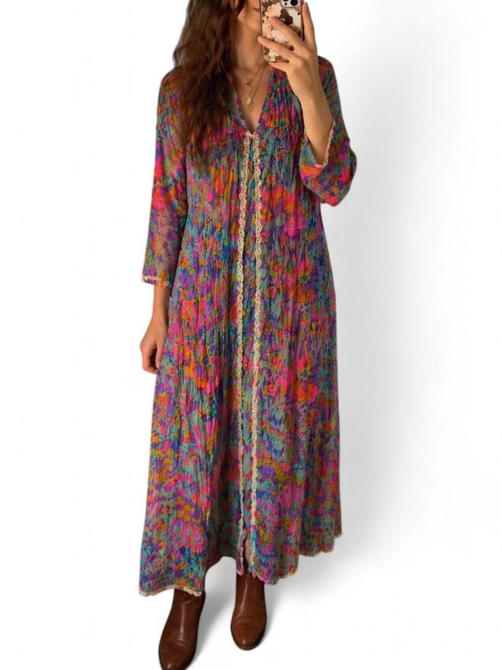 Vintage 70s Lélis Psychedelic Sheer Floral Festival Dress